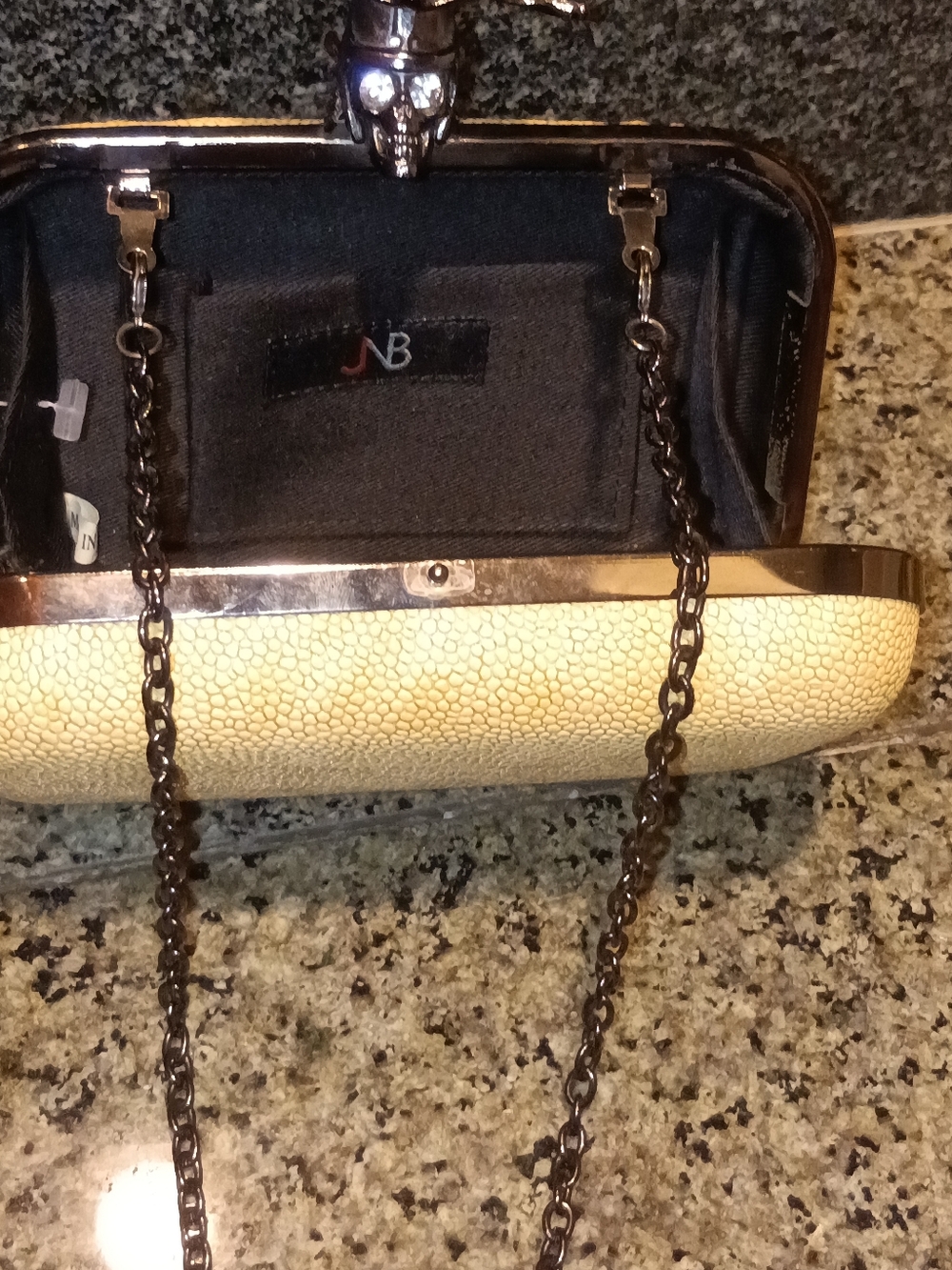 JNB Faux Stingray Shagreen Skull Clutch – Edgy Gunmetal Crystal Evening Bag - Picture 11 of 16